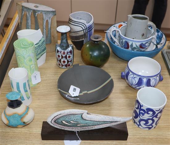 A collection of decorative studio and other pottery and porcelain, including a vase by Marianne de Trey,